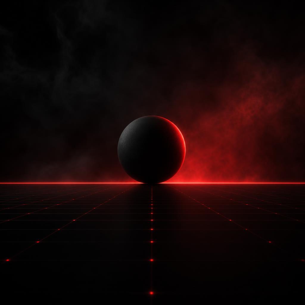 A single matte sphere resting on one thin horizontal red line in vast dark negative space, extreme minimalism.