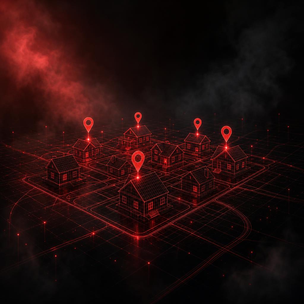 A miniature wireframe neighbourhood of houses laid out on a glowing map grid, red location pins hovering above several homes.