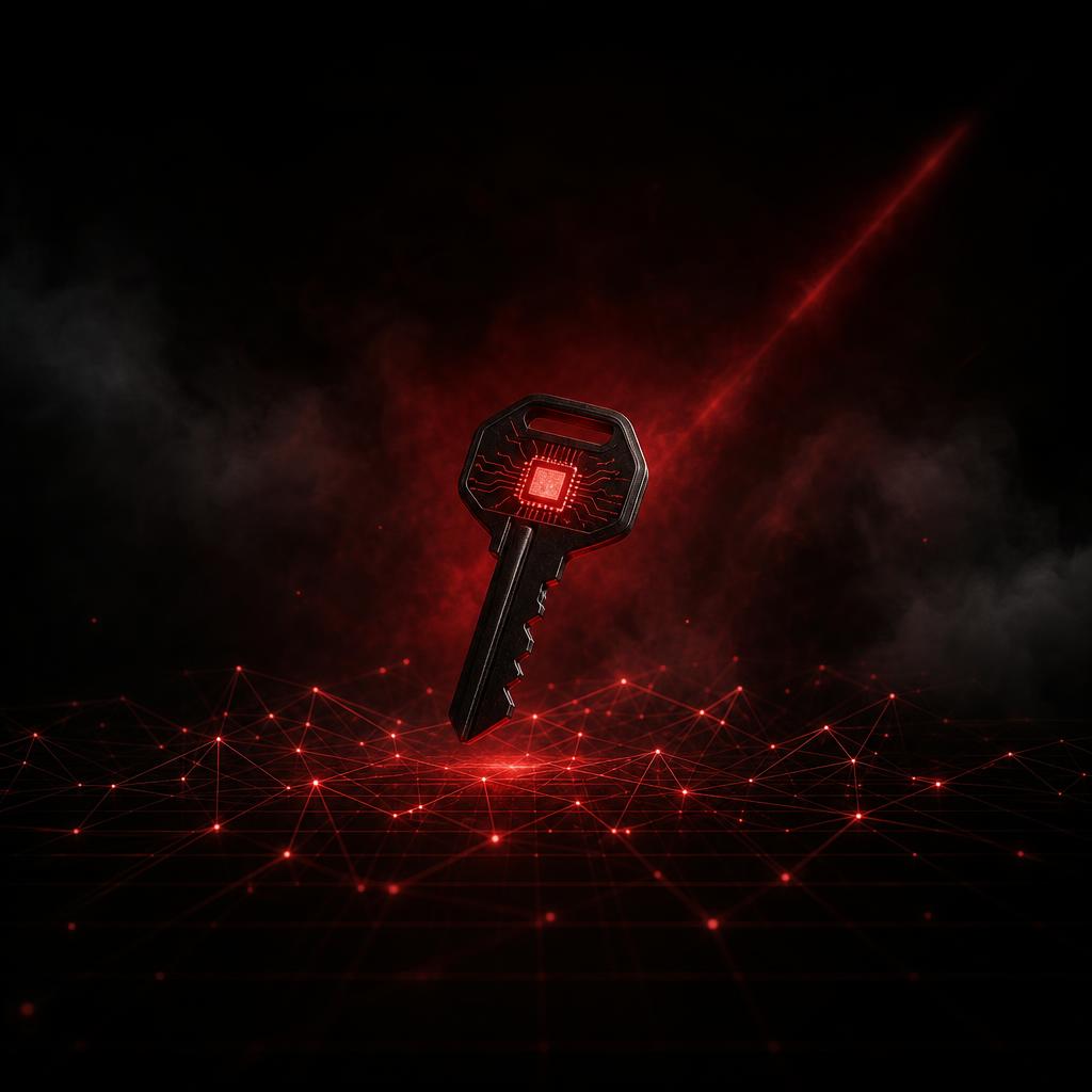A small dark key with a glowing red chip embedded in its bow, floating above a faint network mesh of connected points.
