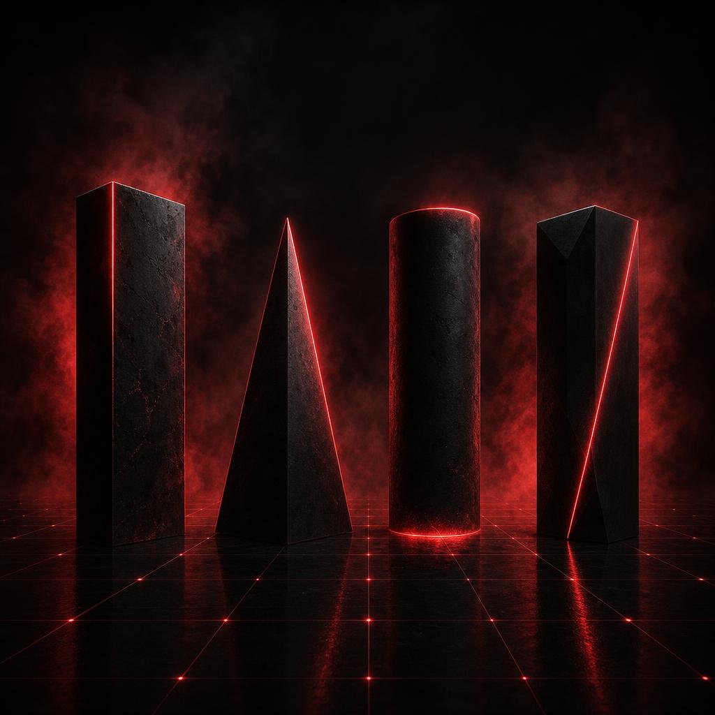 Four distinct dark monoliths of different geometric shapes standing in a row on a grid floor.