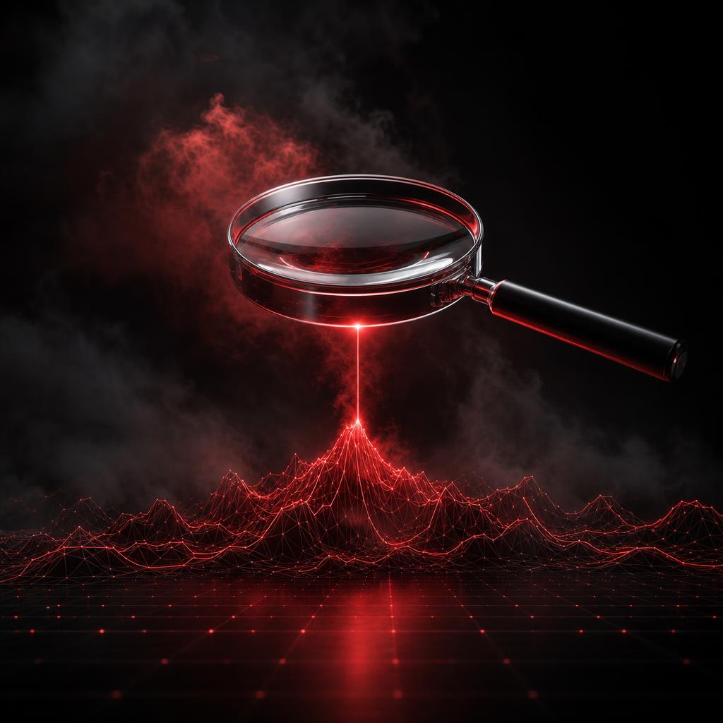 A large glass magnifying lens hovering over a terrain made of red line-chart ridges.