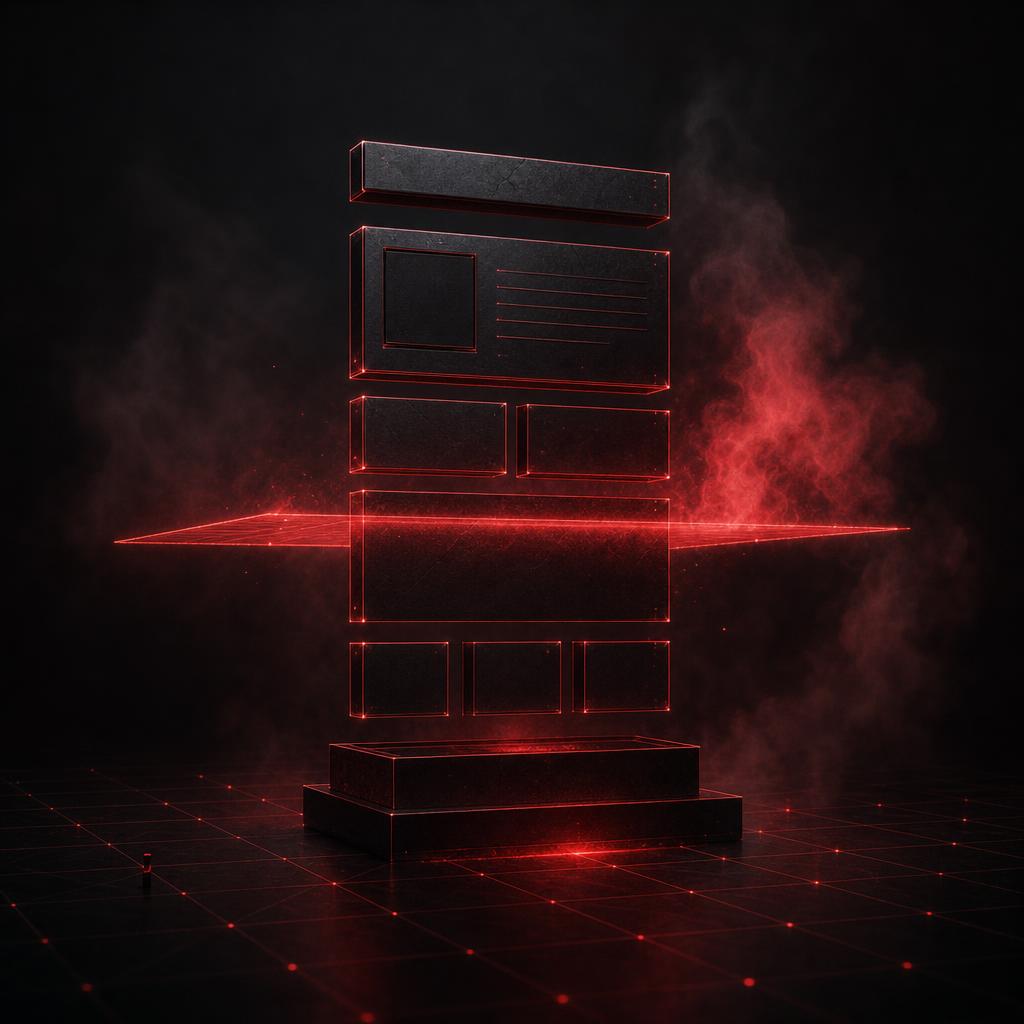 A stack of modular dark blocks assembling into a page structure.