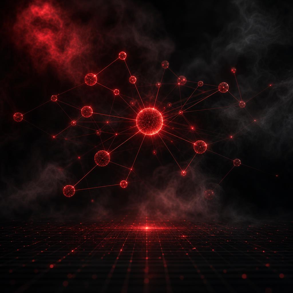 A constellation of interconnected glowing red nodes forming a knowledge graph in the smoke.