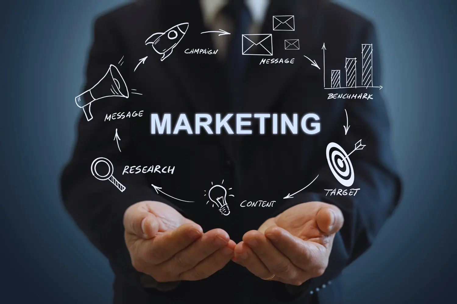 a business man holding out his hands with marketing icons floating around them - digitech