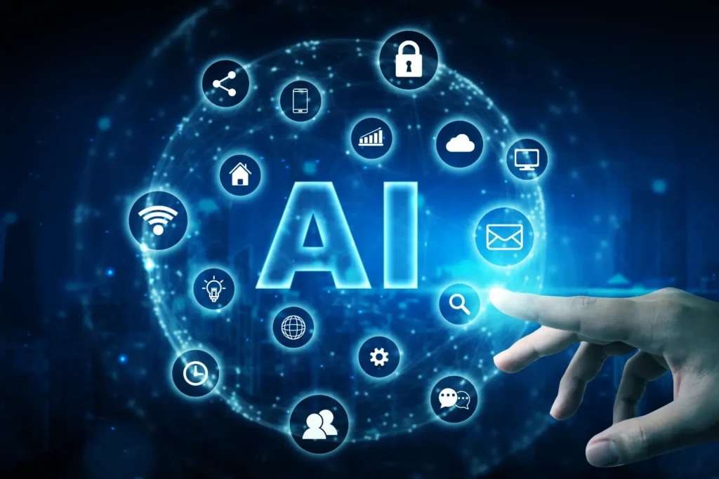 a fingertip touching icons for AI - digitech