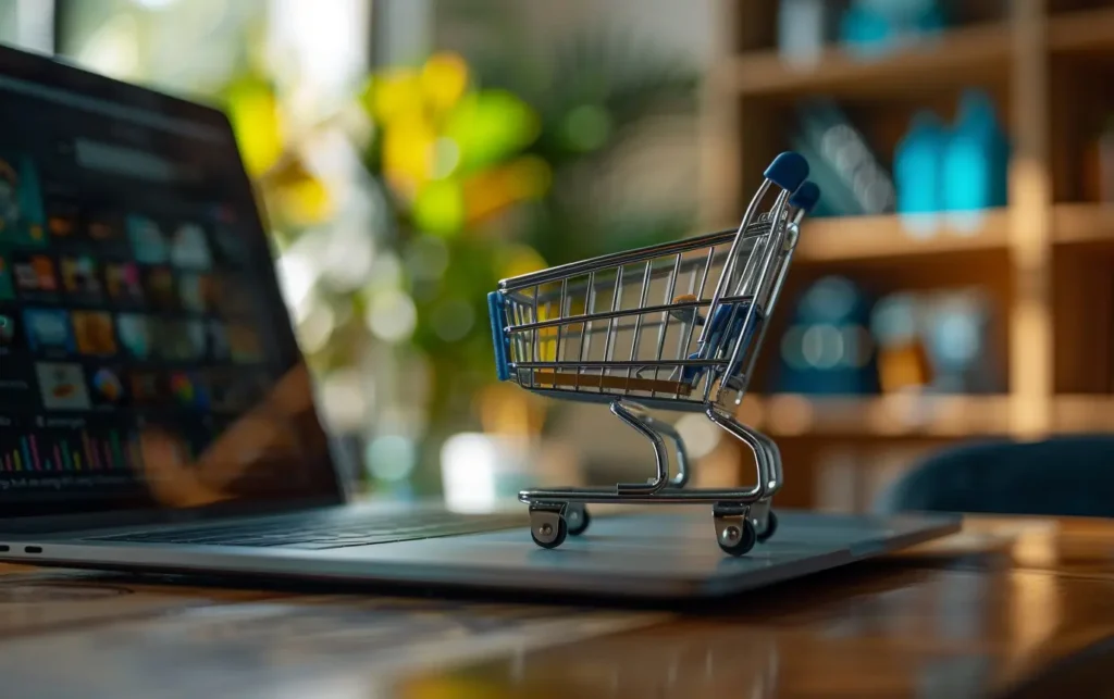 a little shopping cart on a laptop - Digitech
