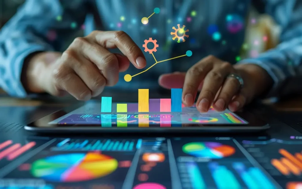 close up of hands inspecting digital marketing graphs that float in the air - Digitech